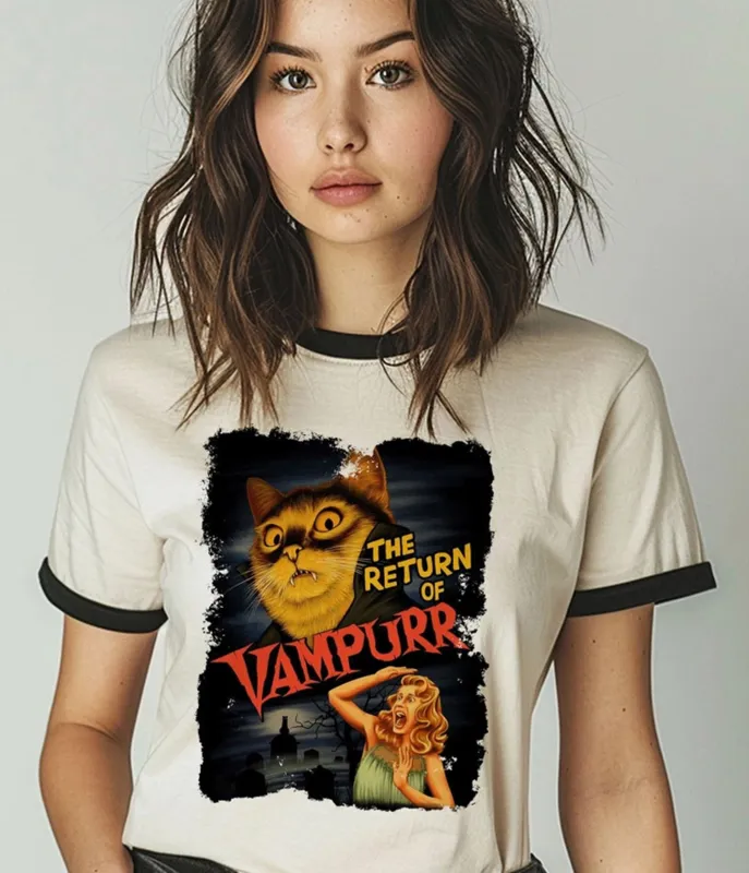 The Return of Vampurr Halloween Cat Ringer Tee made by Unique Vintage