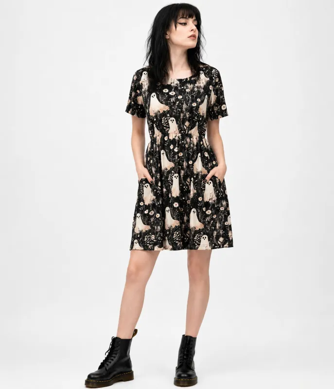 Witchwood Bags Black Ghost Print Dress made by Unique Vintage