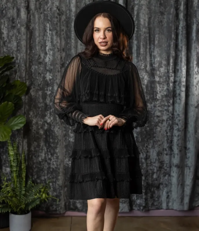 Witchwood Bags Black Mesh Ruffle Lola Mini Dress made by Unique Vintage