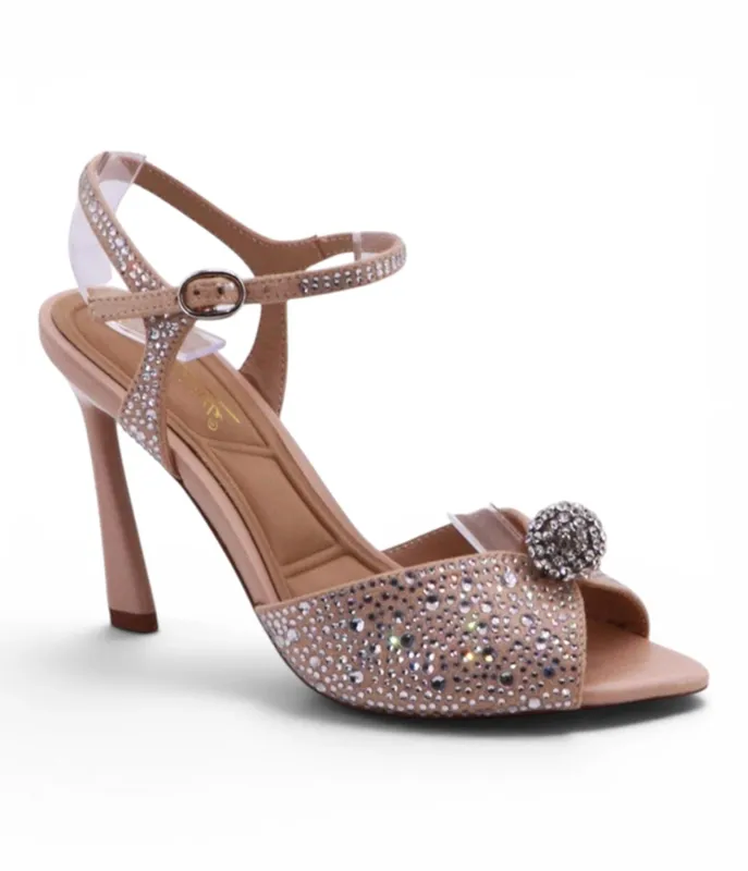 Nude Rhinestone Peep Toe Ankle Strap High Heel Sandals made by Unique Vintage