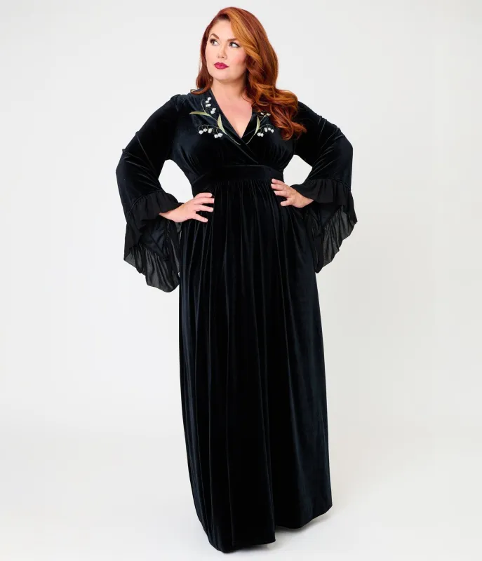 Practical Magic x Unique Vintage Plus Size Black Velvet Lily Of The Valley Embroidered Maxi Dress made by Unique Vintage