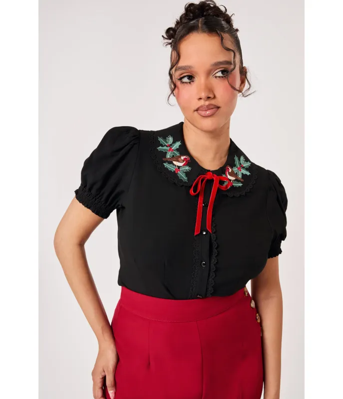 Hell Bunny Black Holly Embroidered Robin Blouse made by Unique Vintage