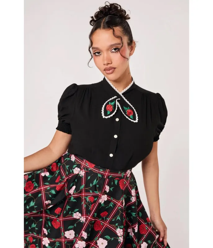 Hell Bunny Black Rose Embroidered Kayla Blouse made by Unique Vintage