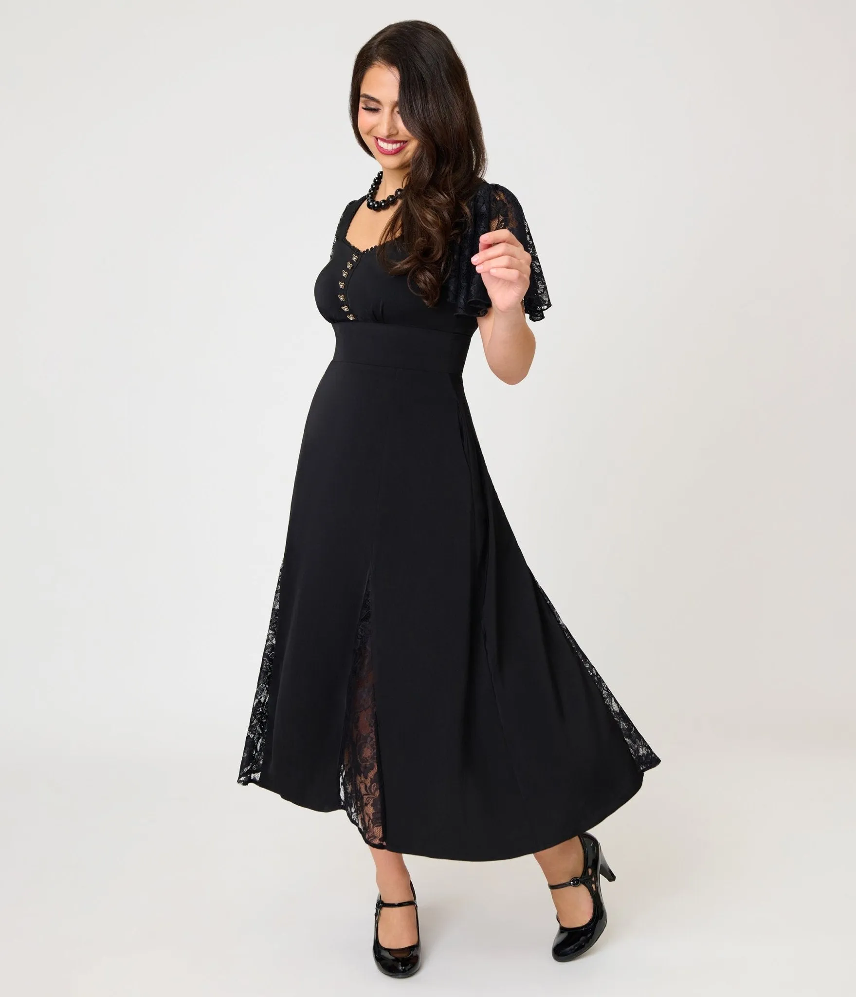 Unique Vintage Black & Lace Gloria Midi Dress sold by Unique Vintage