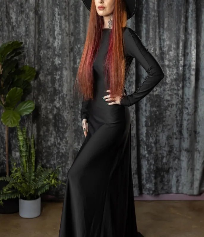 Witchwood Bags Black Open Back Helena Maxi Dress made by Unique Vintage