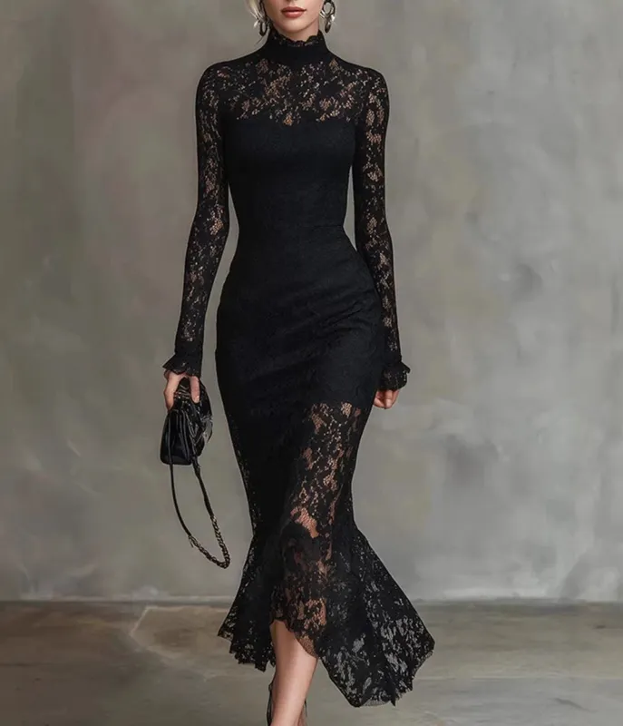 Black Lace Fishtail Maxi Dress made by Unique Vintage