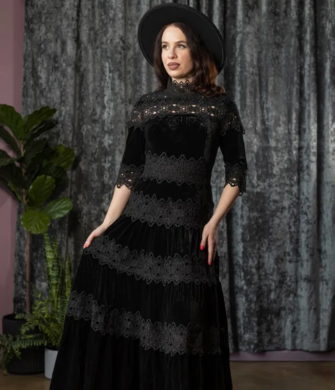 Witchwood Bags Black Velvet & Lace Elowyn Maxi Dress made by Unique Vintage