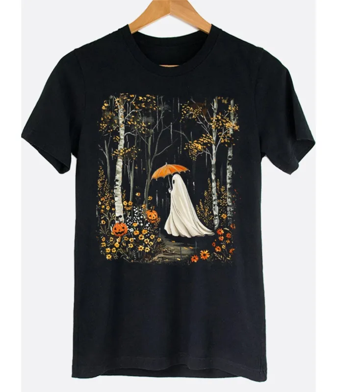 Black Ghost Pumpkin Path Unisex Graphic Tee made by Unique Vintage
