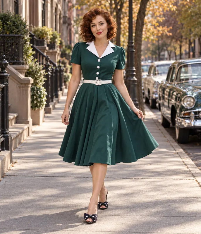 Teal & White Collared Swing Dress made by Unique Vintage