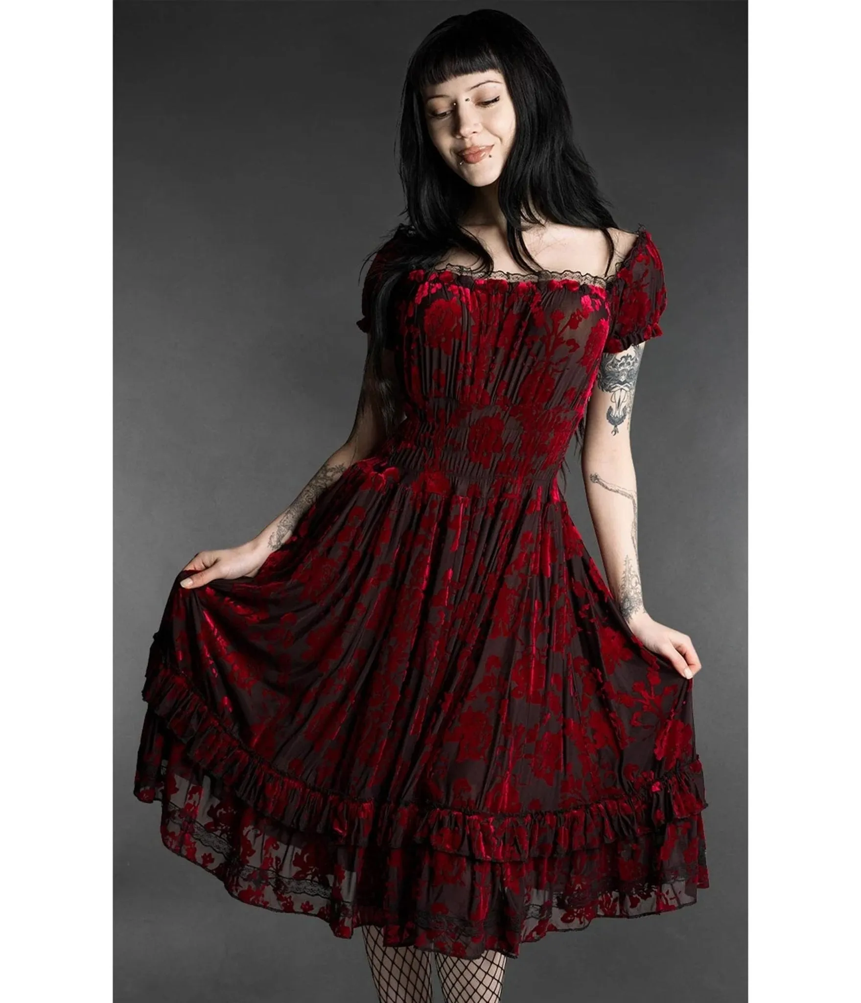 Black & Red Rose Floral Gothabilly Ruffle Midi Dress sold by Unique Vintage product image thumbnail 2
