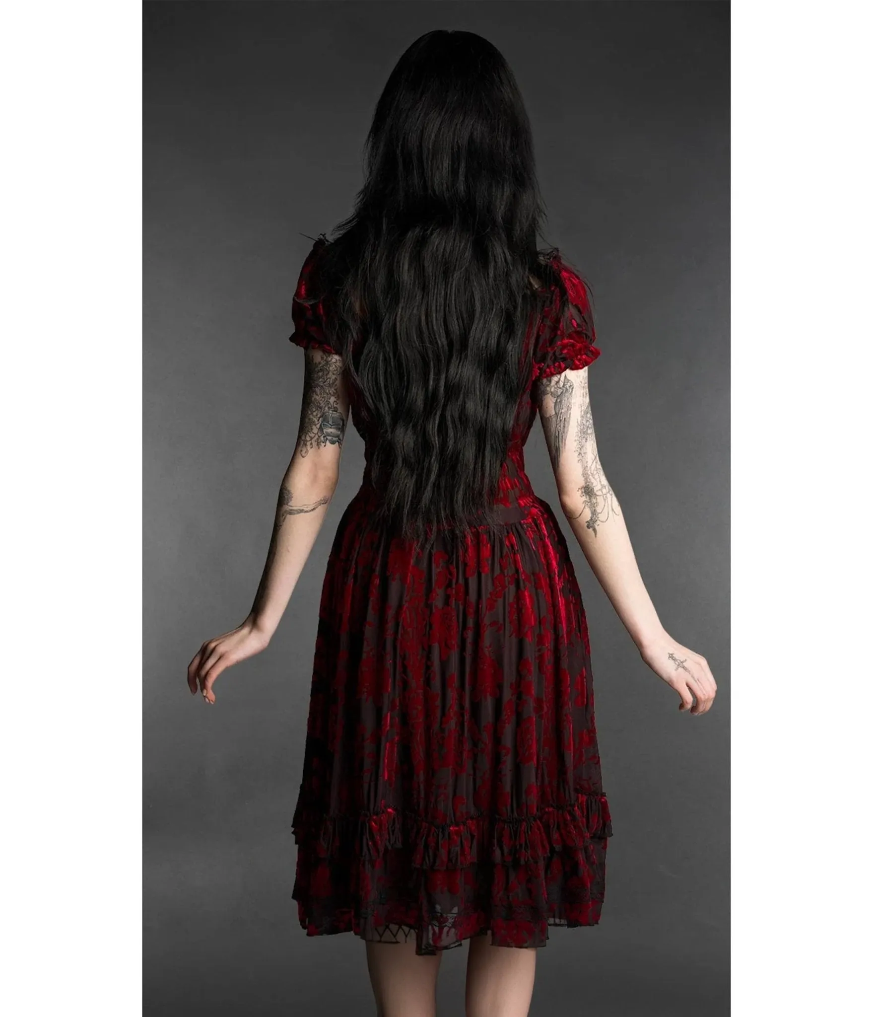 Black & Red Rose Floral Gothabilly Ruffle Midi Dress sold by Unique Vintage product image thumbnail 3