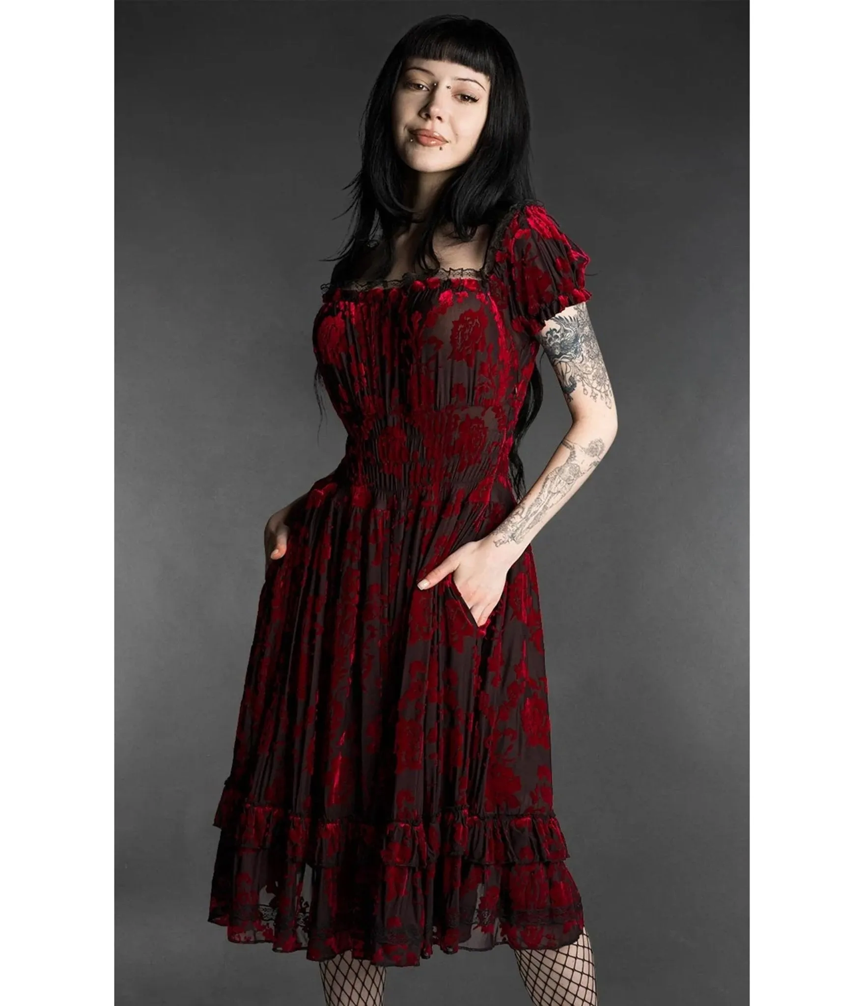 Black & Red Rose Floral Gothabilly Ruffle Midi Dress sold by Unique Vintage