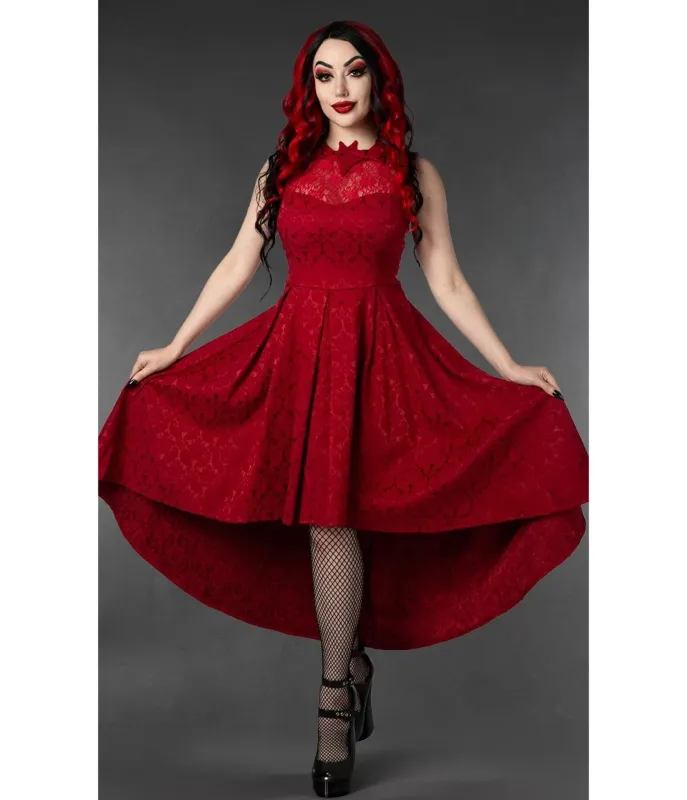 Red Lace Bat Collar Succubus High-Low Swing Dress made by Unique Vintage
