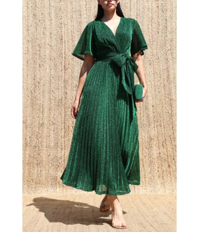 Green Shimmer Pleated Midi Dress made by Unique Vintage