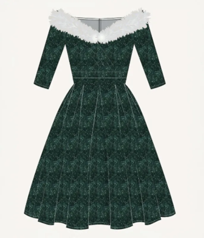 Unique Vintage Emerald Velvet & Faux Fur Marceline Swing Dress made by Unique Vintage
