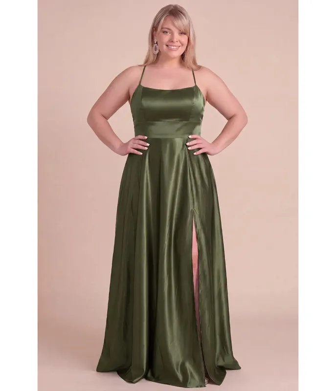 Plus Size Olive Satin Lace-Up Back A-Line Maxi Dress made by Unique Vintage