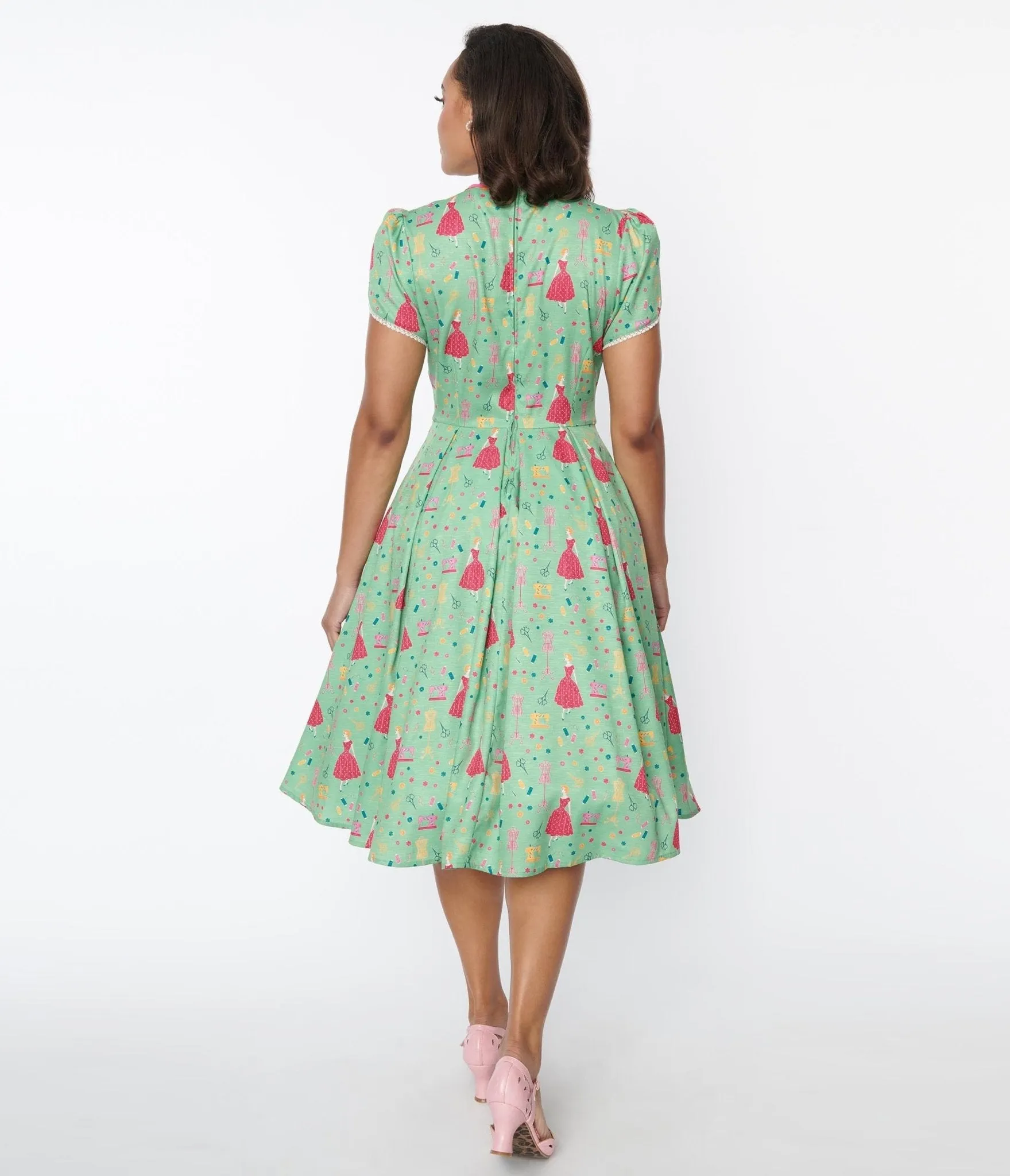 Unique Vintage 1940s Sage & Retro Sewing Print Dahlia Swing Dress sold by Unique Vintage product image thumbnail 3