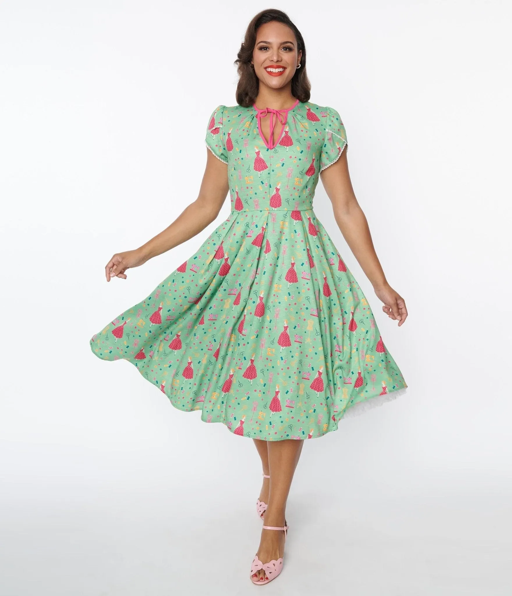 Unique Vintage 1940s Sage & Retro Sewing Print Dahlia Swing Dress sold by Unique Vintage product image thumbnail 5