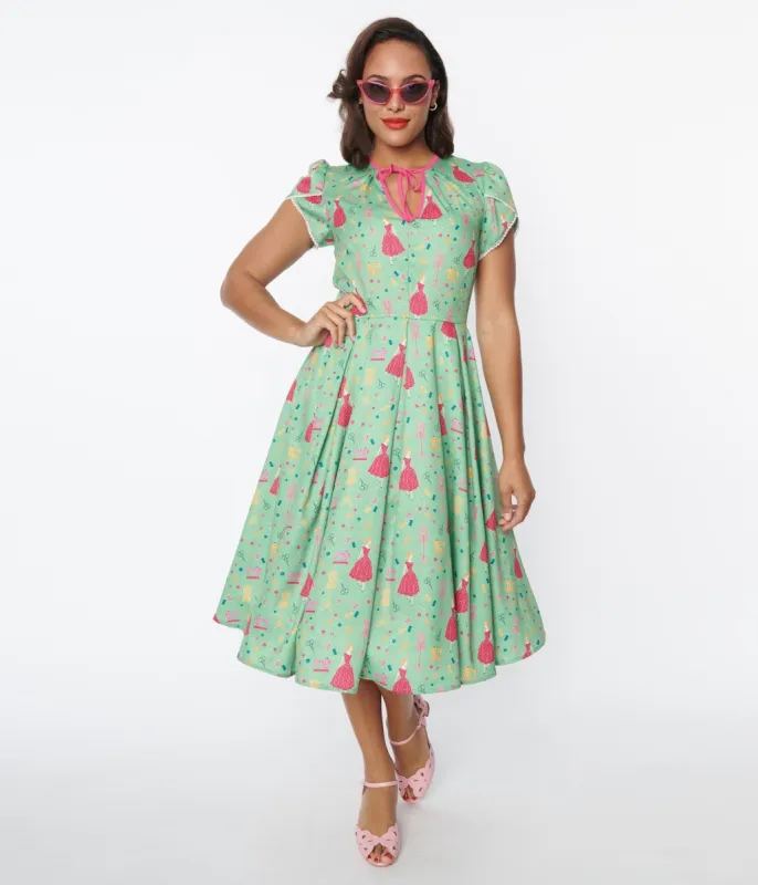 Unique Vintage 1940s Sage & Retro Sewing Print Dahlia Swing Dress sold by Unique Vintage
