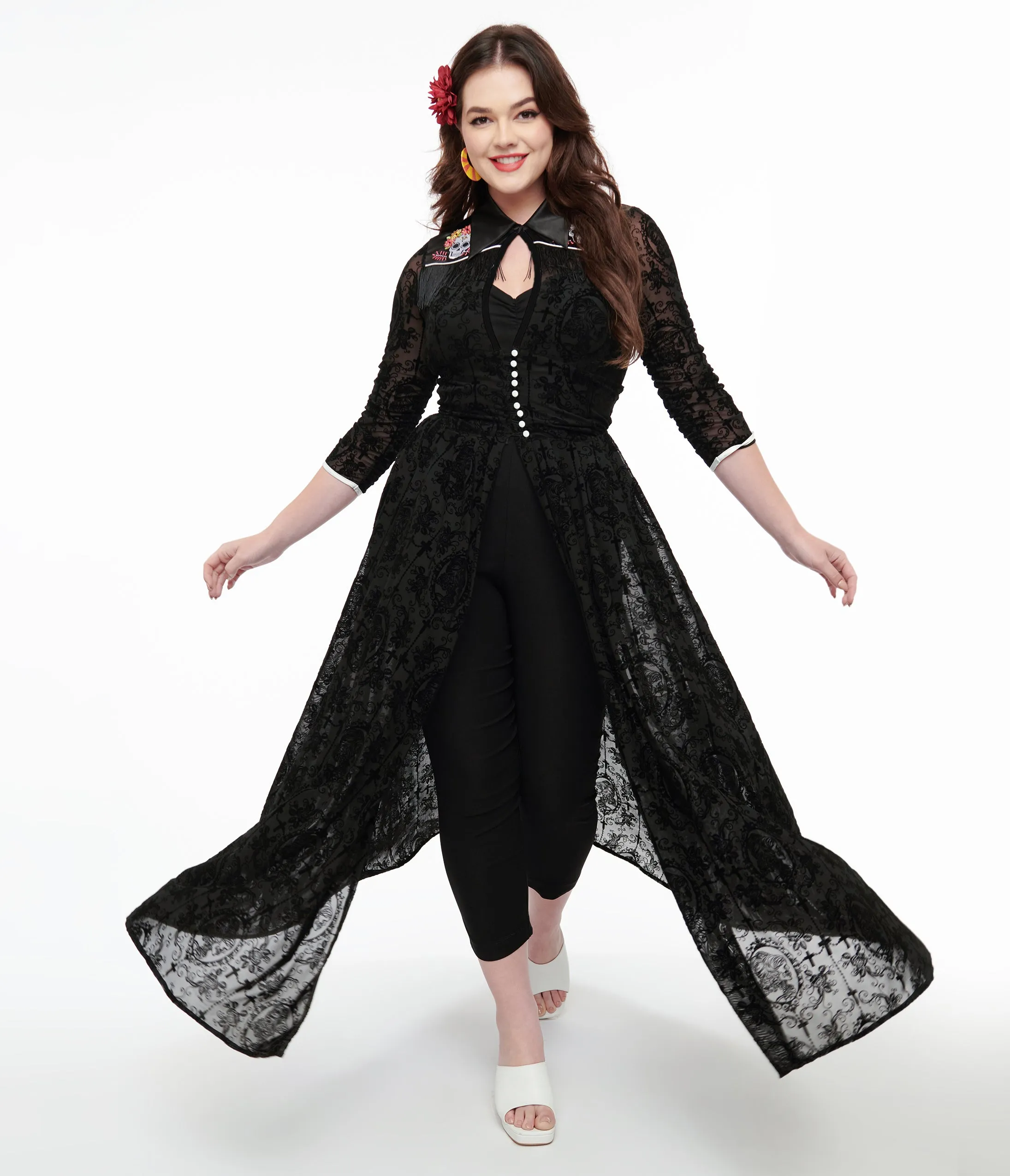 Unique Vintage 1950s Black Flocked La Caterina Dia De Los Muertos Western Duster sold by Unique Vintage
