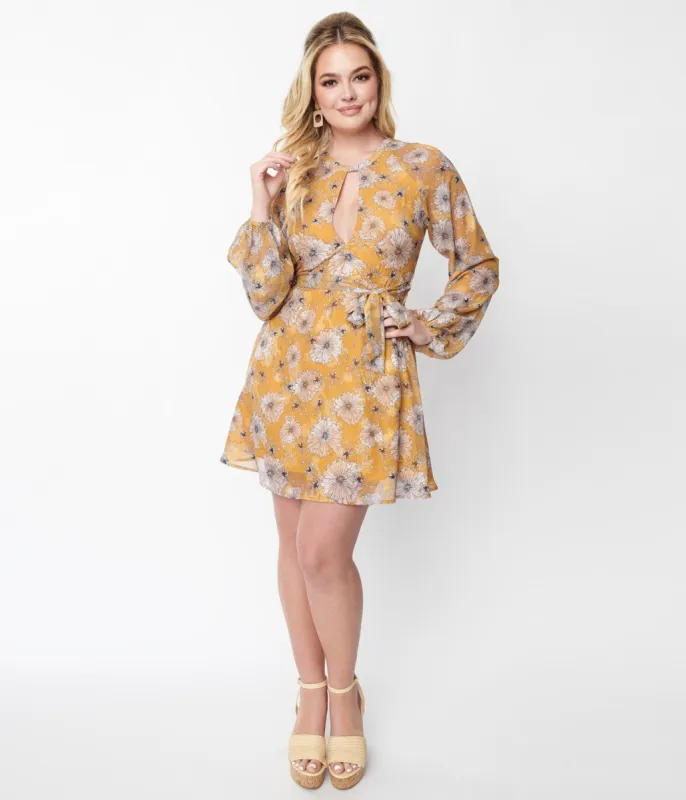 Smak Parlour 1970s Mustard & White Floral Ink Sketch Fit & Flare Dress sold by Unique Vintage