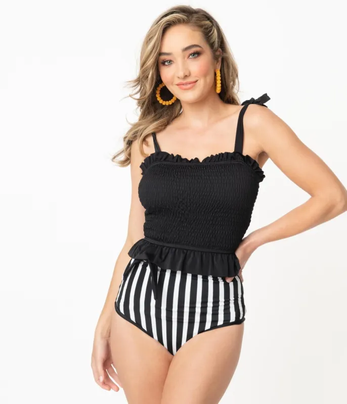 Black & White Striped High Waisted Reversible Swim Bottoms sold by Unique Vintage