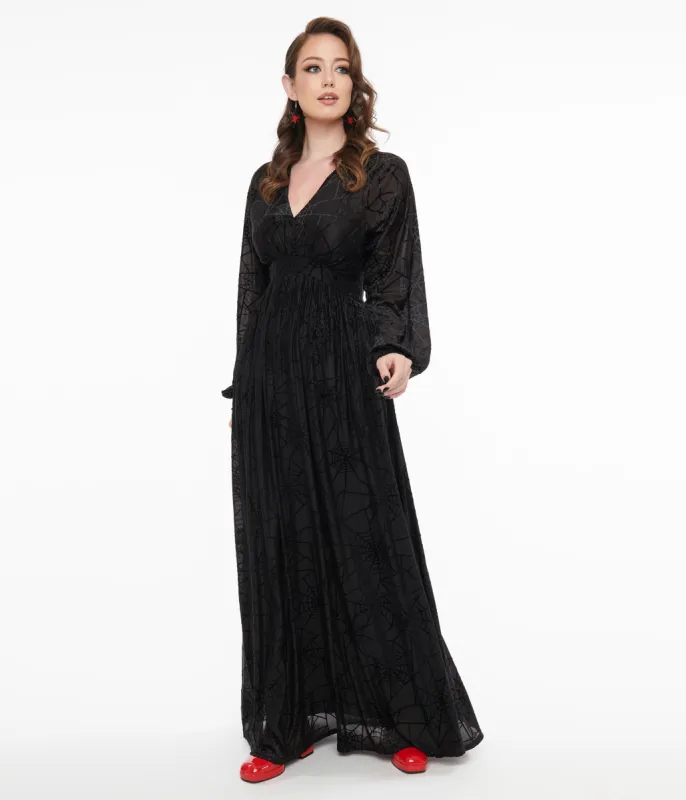 Unique Vintage 1970s Black Spiderweb Maxi Dress sold by Unique Vintage
