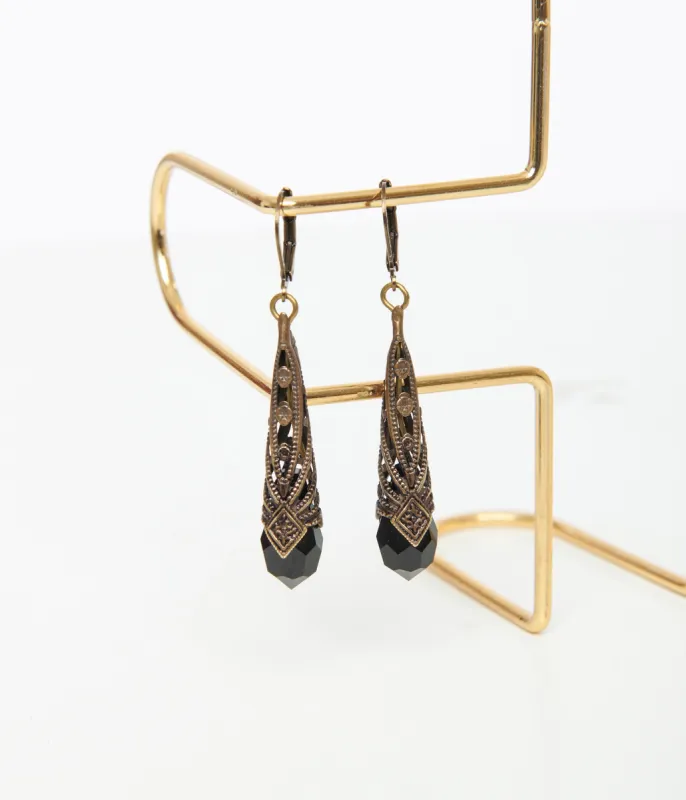 Bronze Art Deco & Black Rhinestone Drop Earrings sold by Unique Vintage