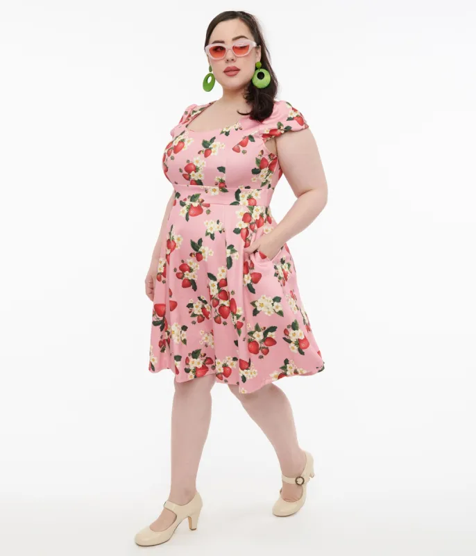 Dolly & Dotty 1950s Pink Strawberry Print Claudia Swing Dress sold by Unique Vintage