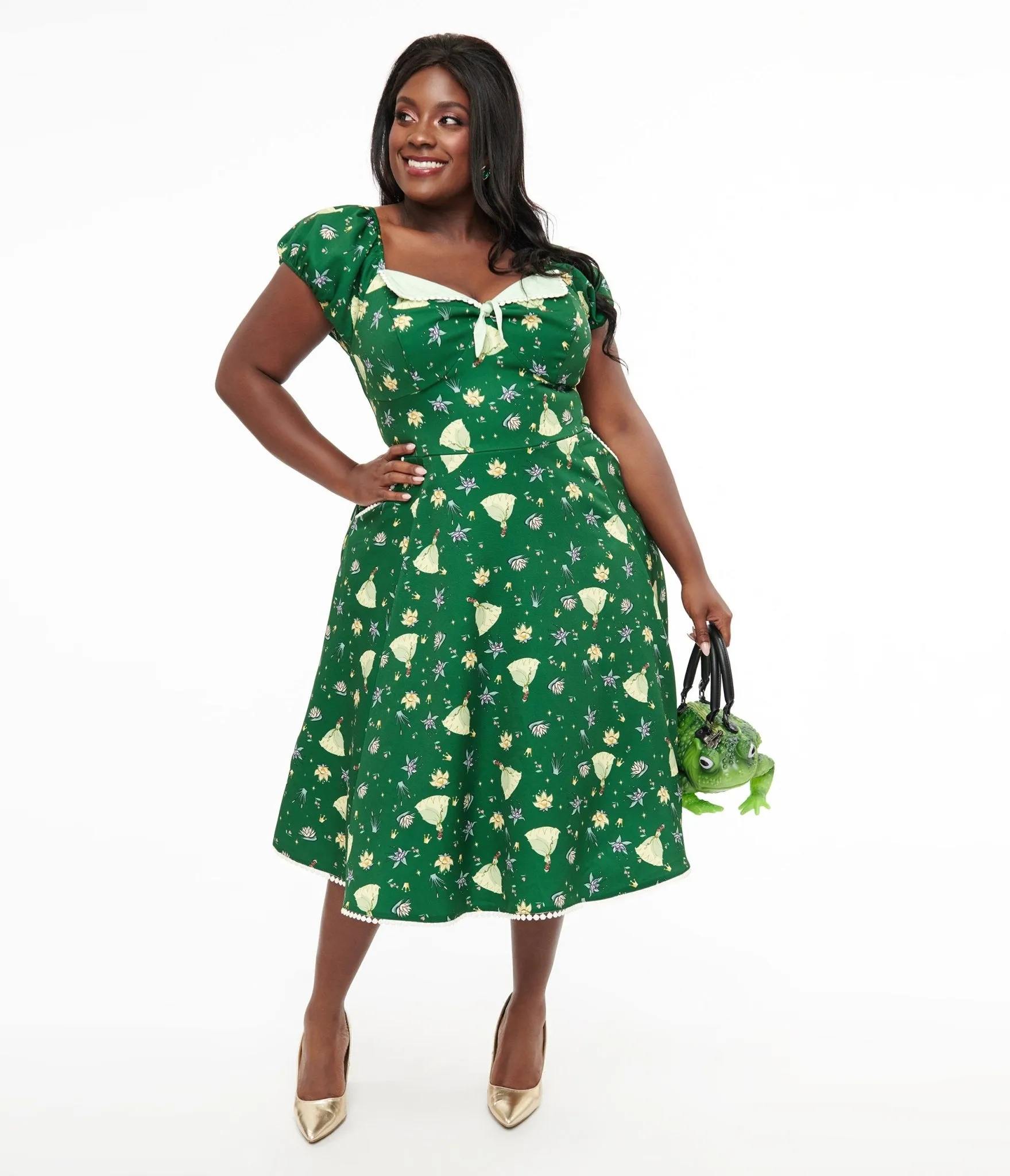 Disney Princess collection by Unique Vintage Plus Size Green Princess Tiana All Over Print Swing Dress sold by Unique Vintage product image thumbnail 3