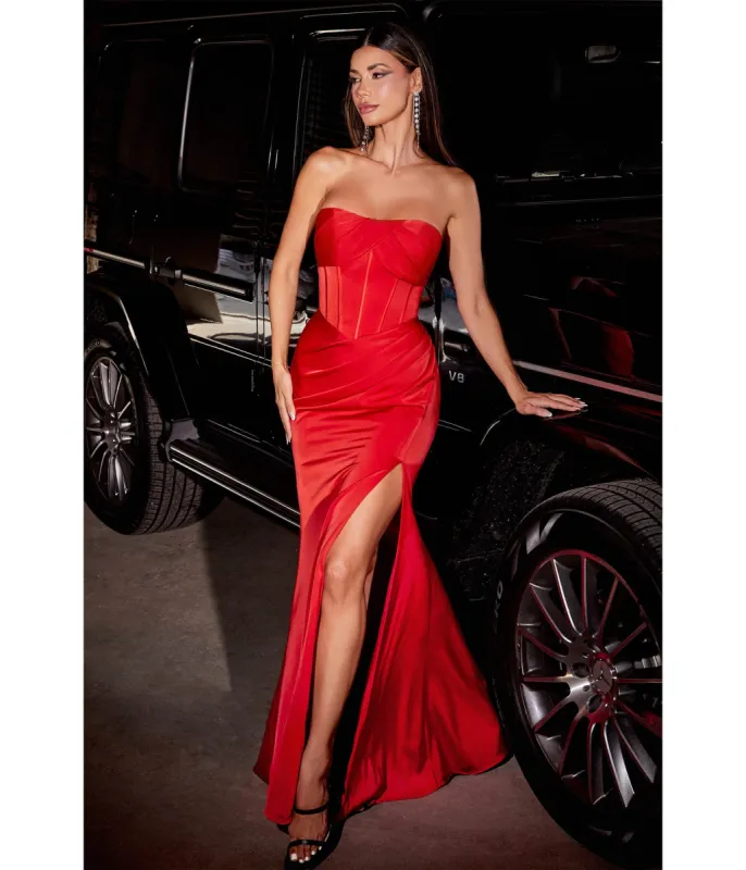 Cinderella Divine  Red Satin Pleated Strapless Corset Evening Gown sold by Unique Vintage