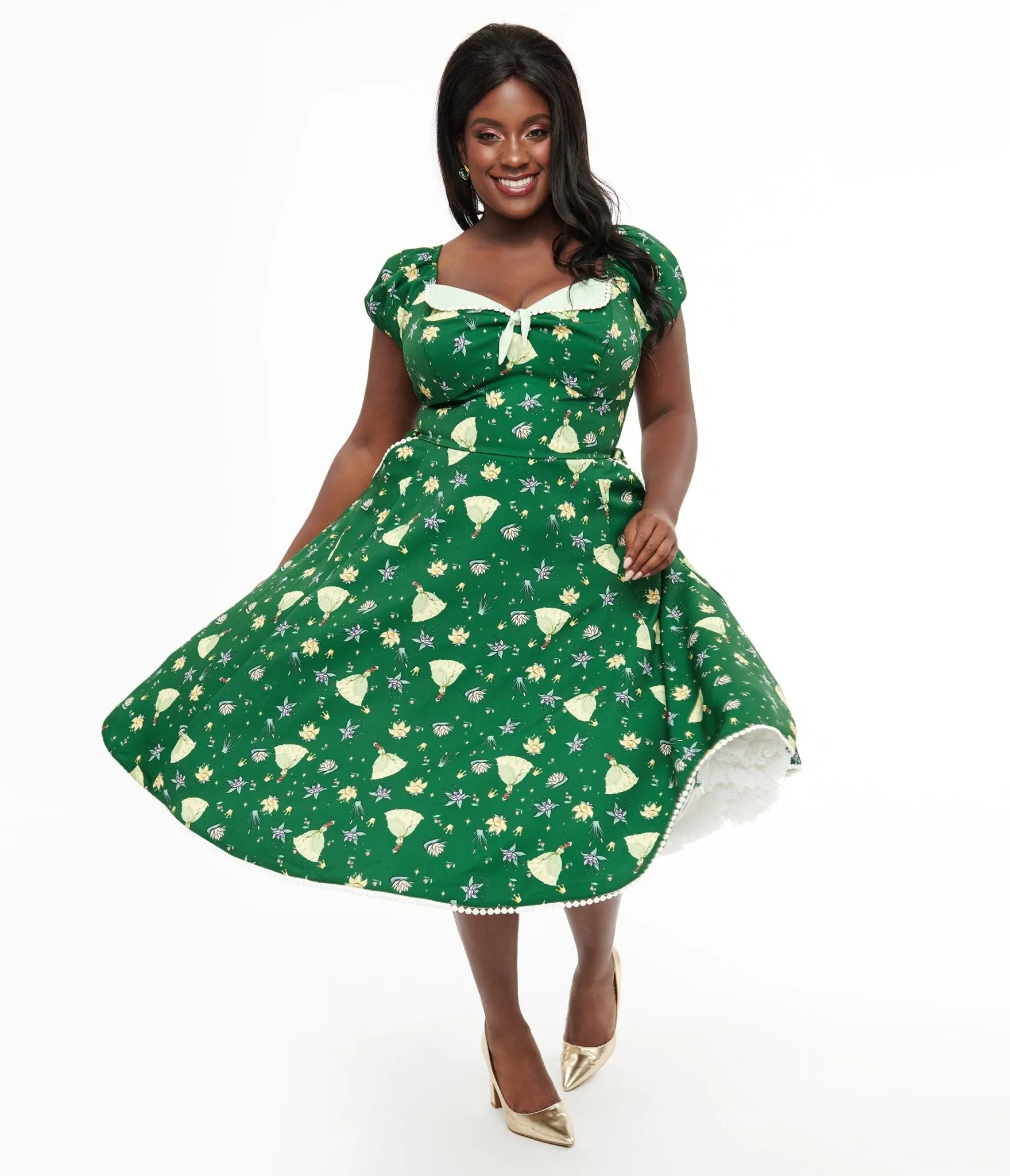 Disney Princess collection by Unique Vintage Plus Size Green Princess Tiana All Over Print Swing Dress sold by Unique Vintage