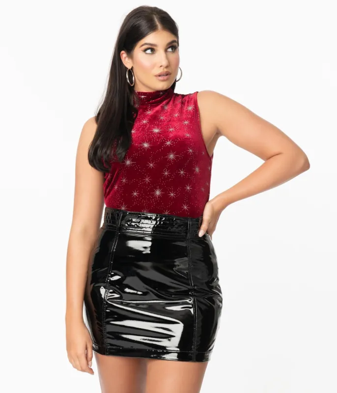 Smak Parlour 1960s Burgundy Velvet & Silver Star Sparkle Corporate Lingo Top made by Unique Vintage