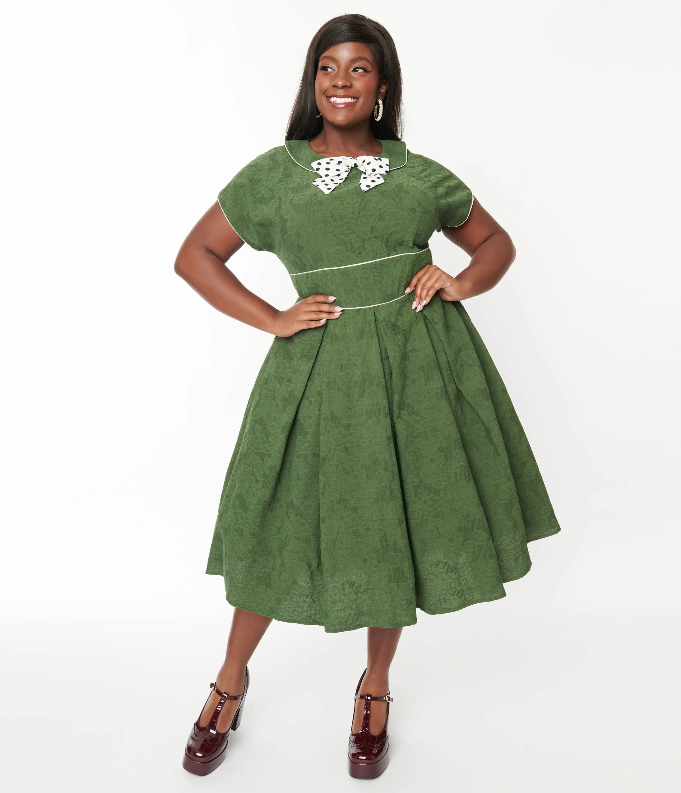 Unique Vintage Plus Size Green & Ivory Black Dot Swing Dress sold by Unique Vintage