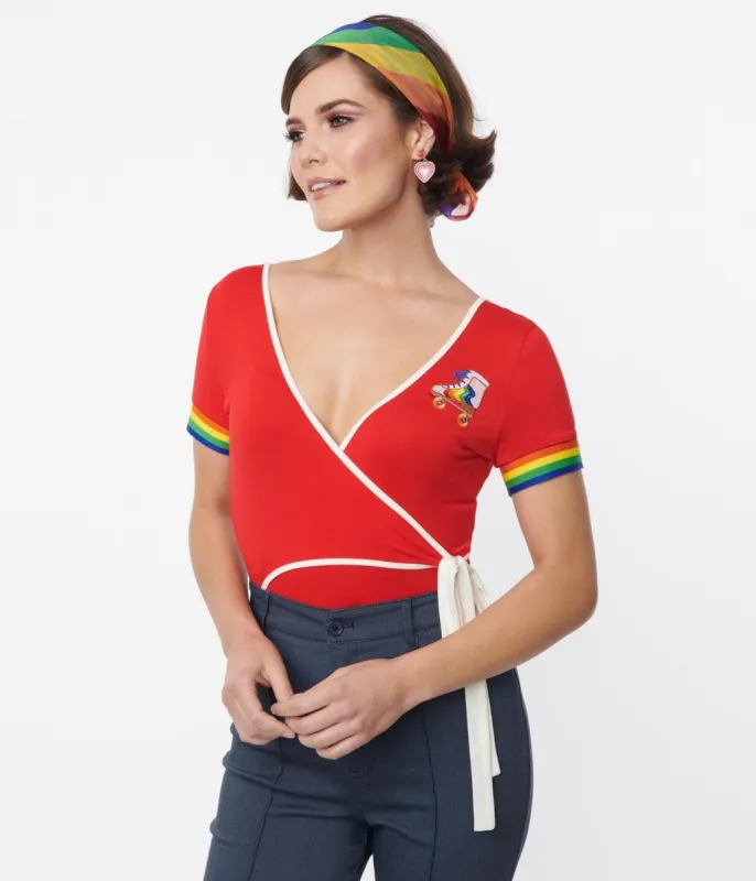Unique Vintage 1970s Red & Rainbow Skate Surplice Bodysuit sold by Unique Vintage
