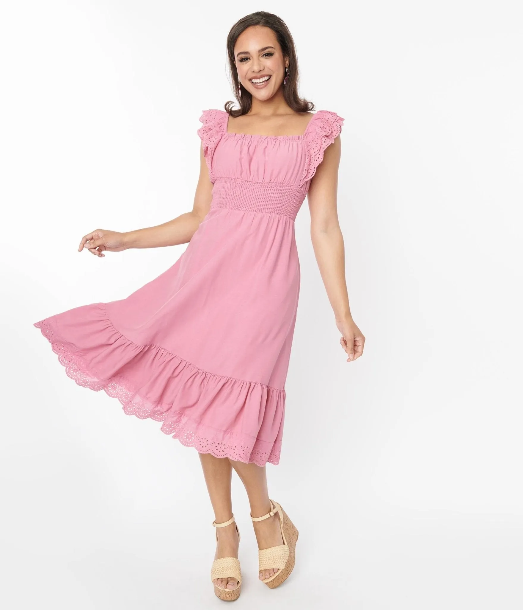Dusty Rose Eyelet Ruffle Trim Midi Dress sold by Unique Vintage product image thumbnail 5