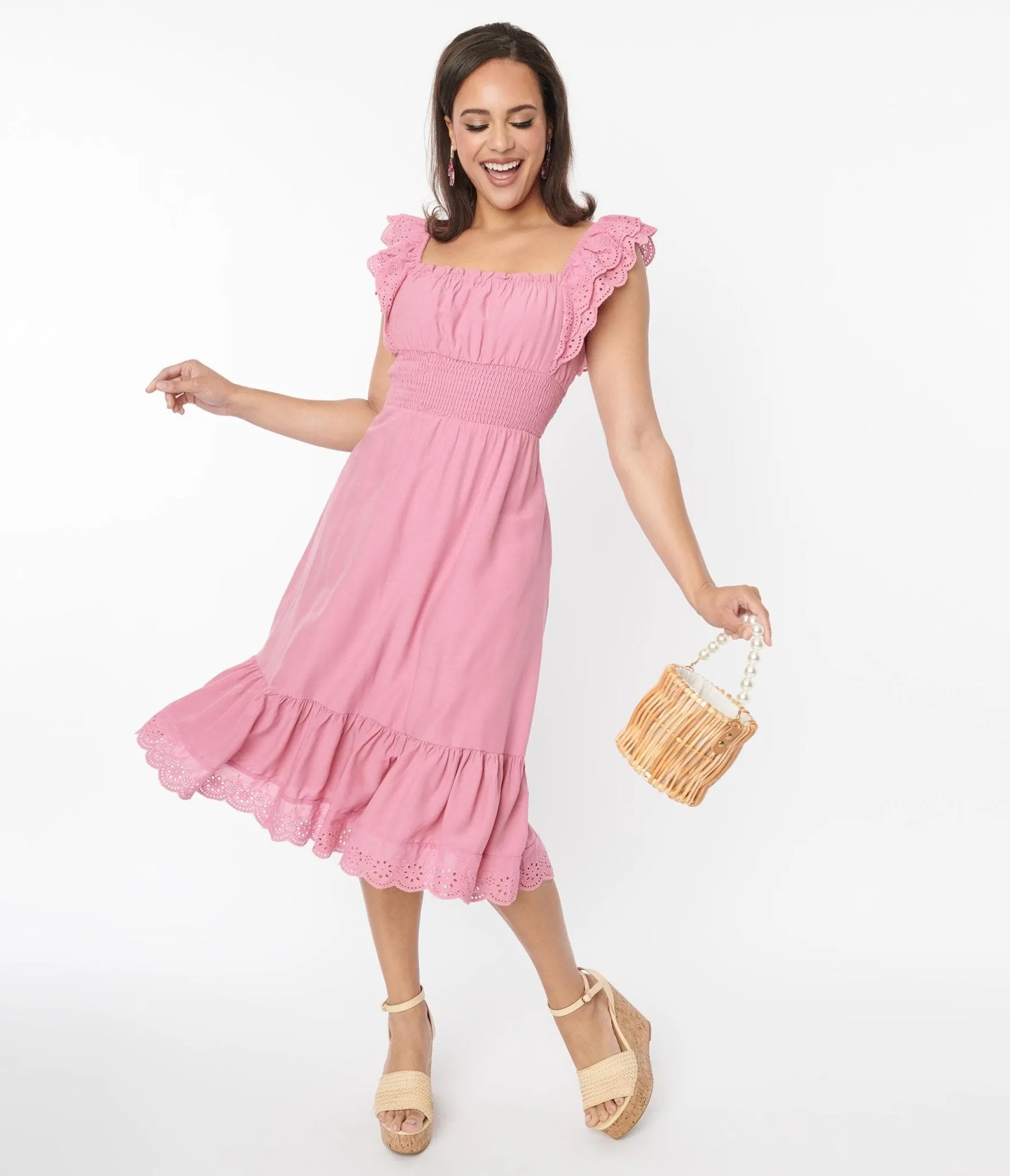 Dusty Rose Eyelet Ruffle Trim Midi Dress sold by Unique Vintage
