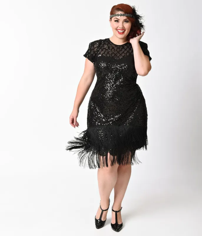Unique Vintage Plus Size 1920s Black Sequin Fringe Del Mar Flapper Dress sold by Unique Vintage