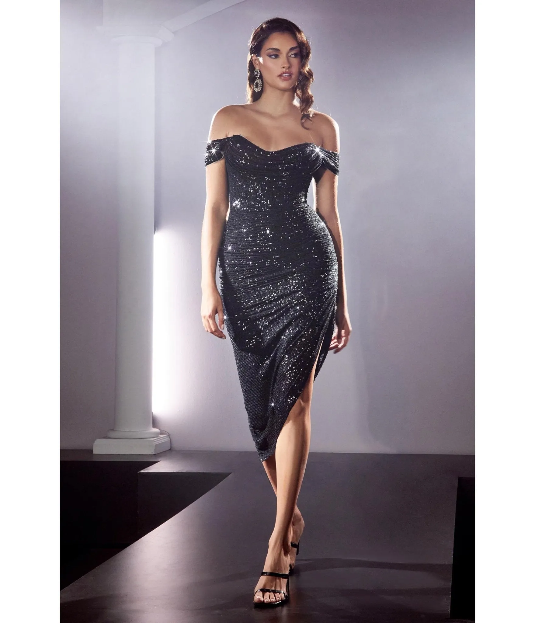 Cinderella Divine Black Gathered Sequin Homecoming Dress sold by Unique Vintage