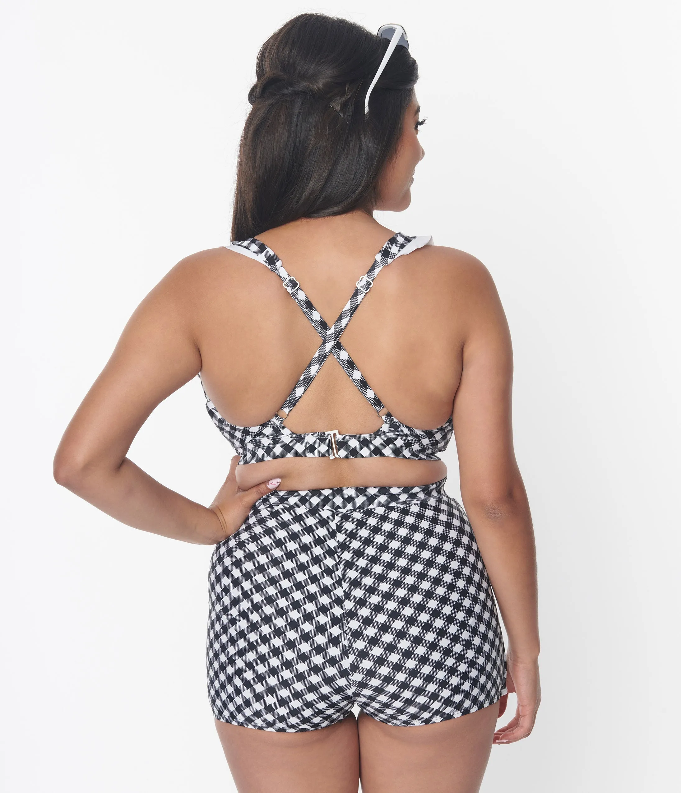 Unique Vintage Black & White Gingham High Waist Skort Swim Bottom sold by Unique Vintage product image thumbnail 3