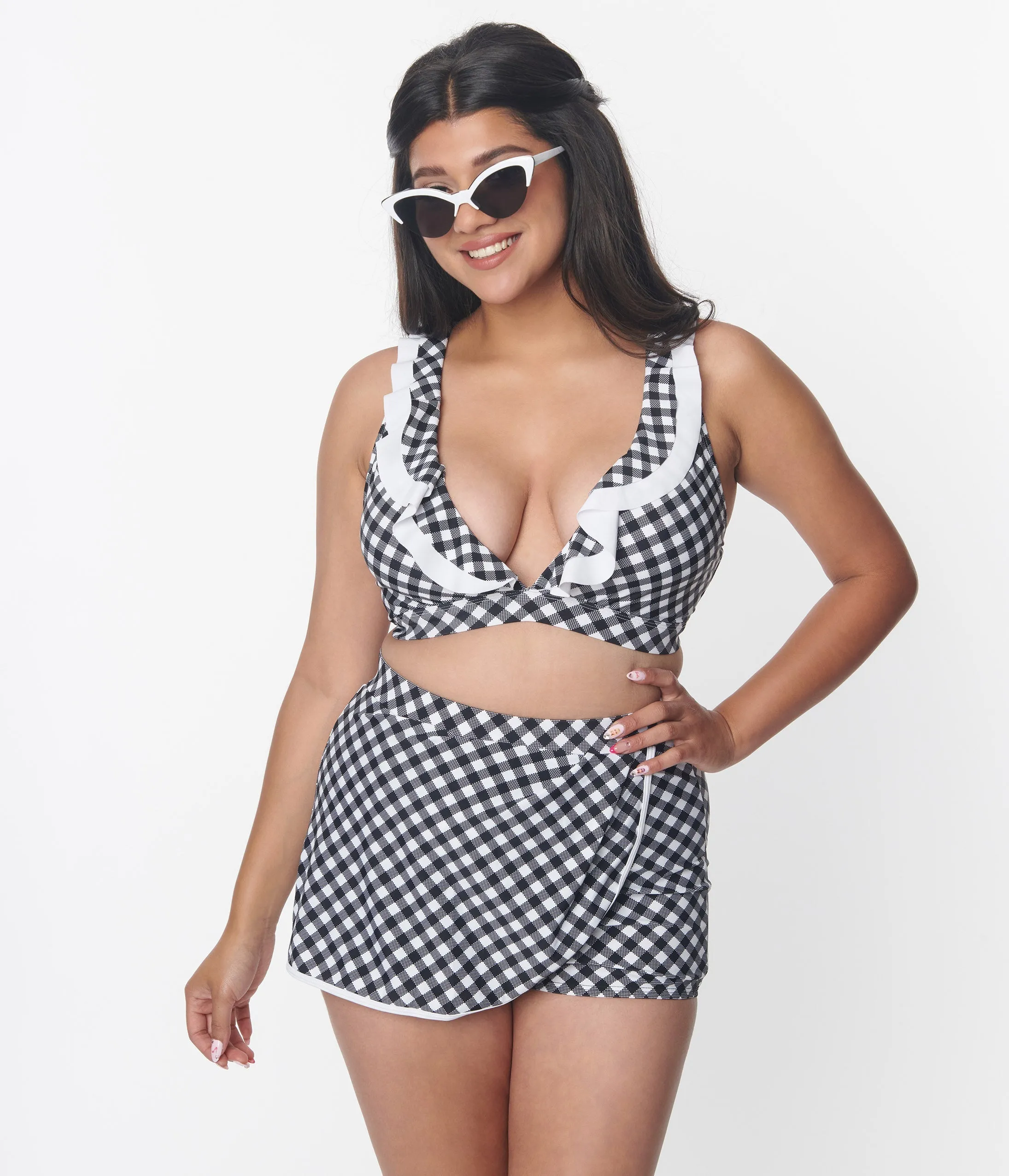 Unique Vintage Black & White Gingham High Waist Skort Swim Bottom sold by Unique Vintage