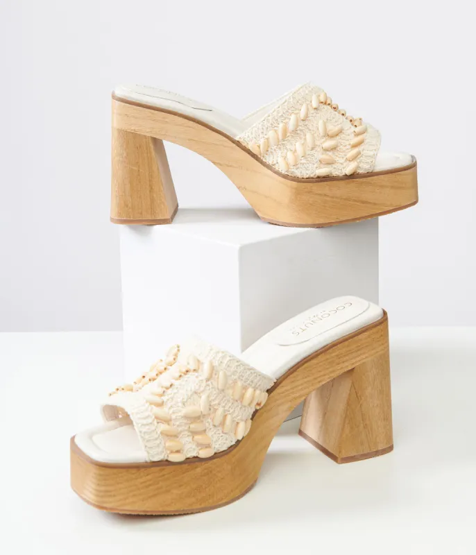 1970s White Beaded Crochet Glenn Platform Heels sold by Unique Vintage