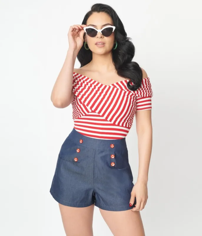 Unique Vintage Red & White Striped Off Shoulder Daydreamer Bodysuit sold by Unique Vintage