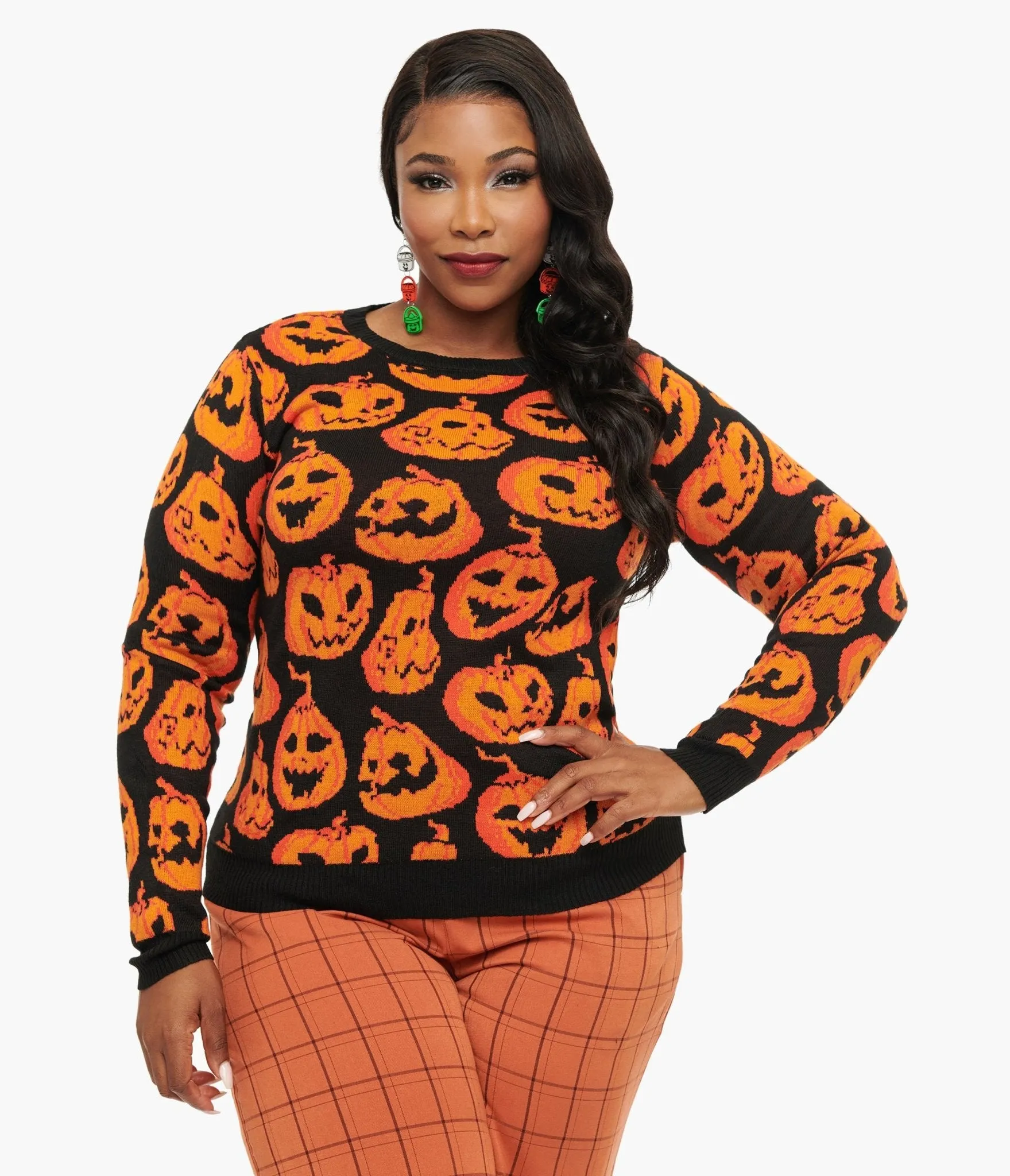 Black & Orange Pumpkin Print Knit Sweater sold by Unique Vintage