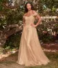 Cinderella Divine Champagne Gold Glitter Lace & Tulle Embellished Off The Shoulder Prom Gown sold by Unique Vintage