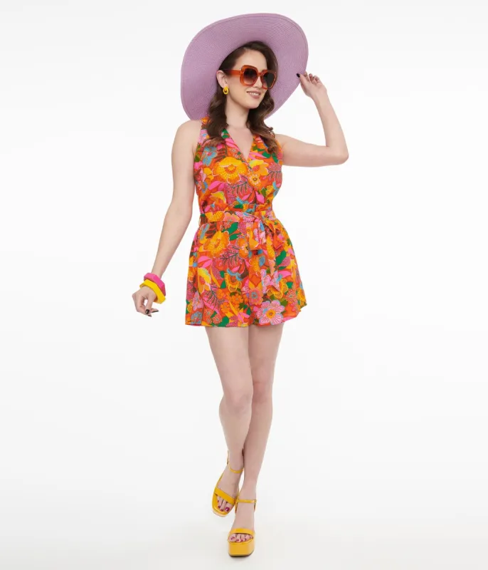 1970s Orange Floral Surplice Idalia Honey Romper sold by Unique Vintage