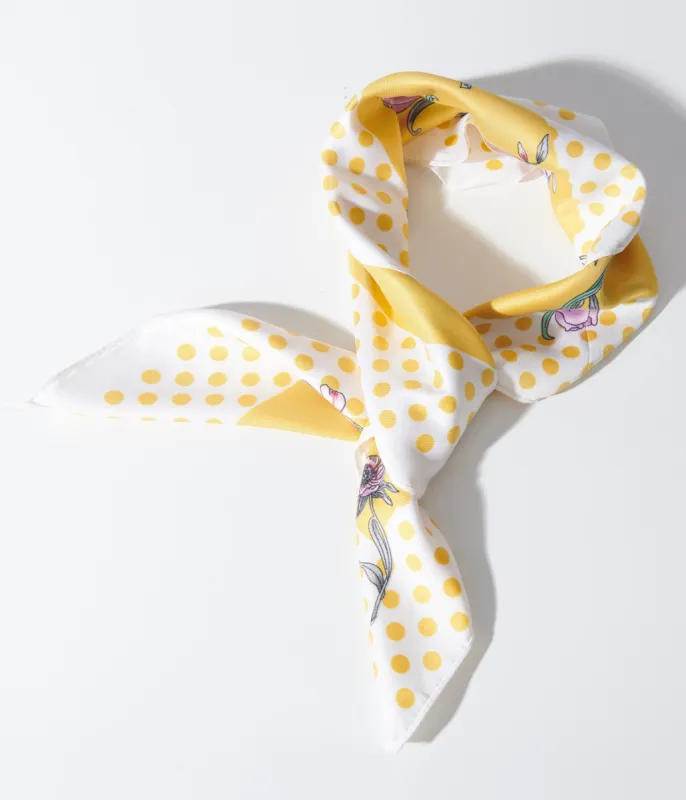 1940s Yellow Polka Dot & Ditsy Floral Print Satin Hair Scarf sold by Unique Vintage