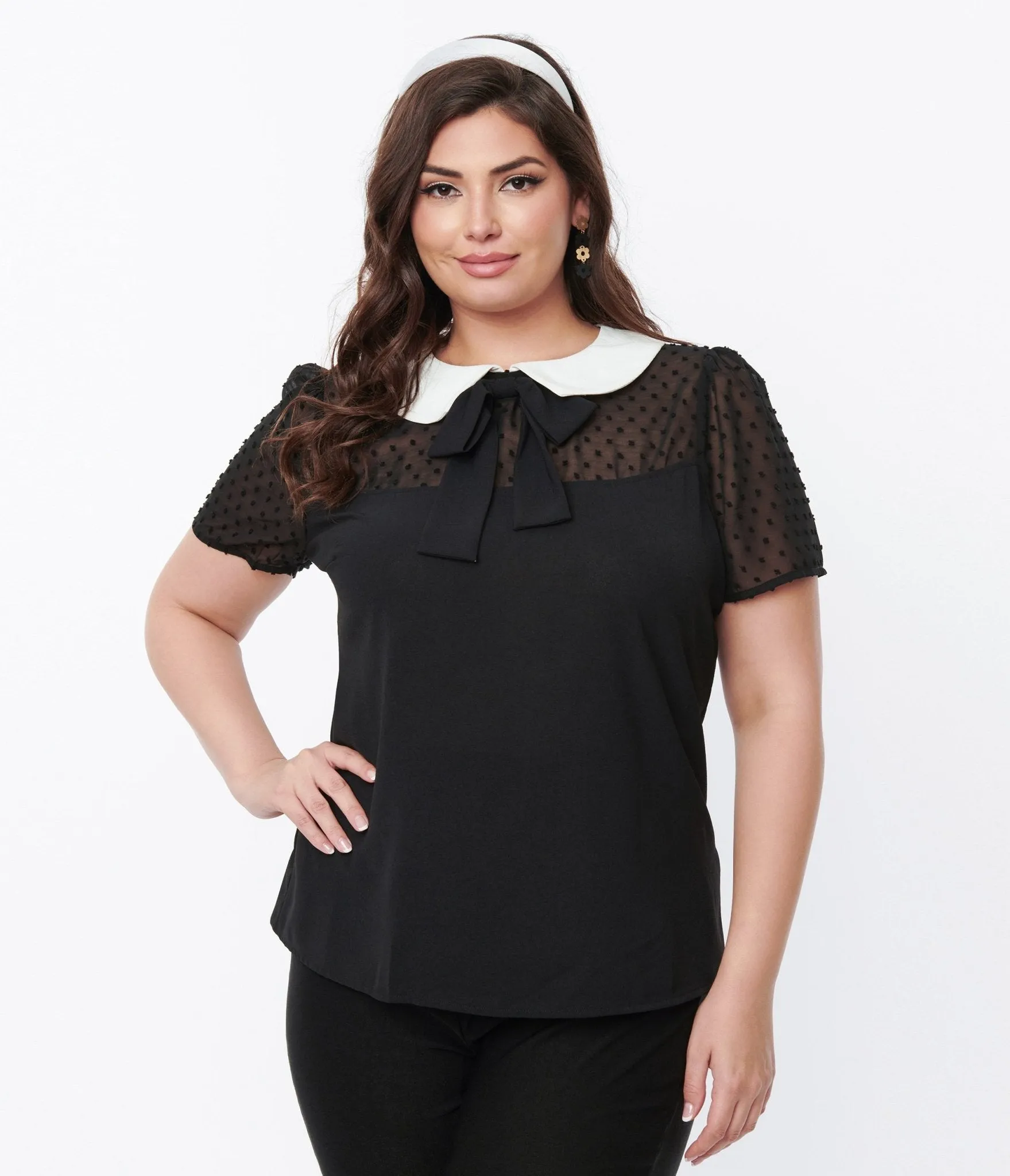 Smak Parlour Black Clipdot & White Collared Bow Blouse sold by Unique Vintage product image thumbnail 2