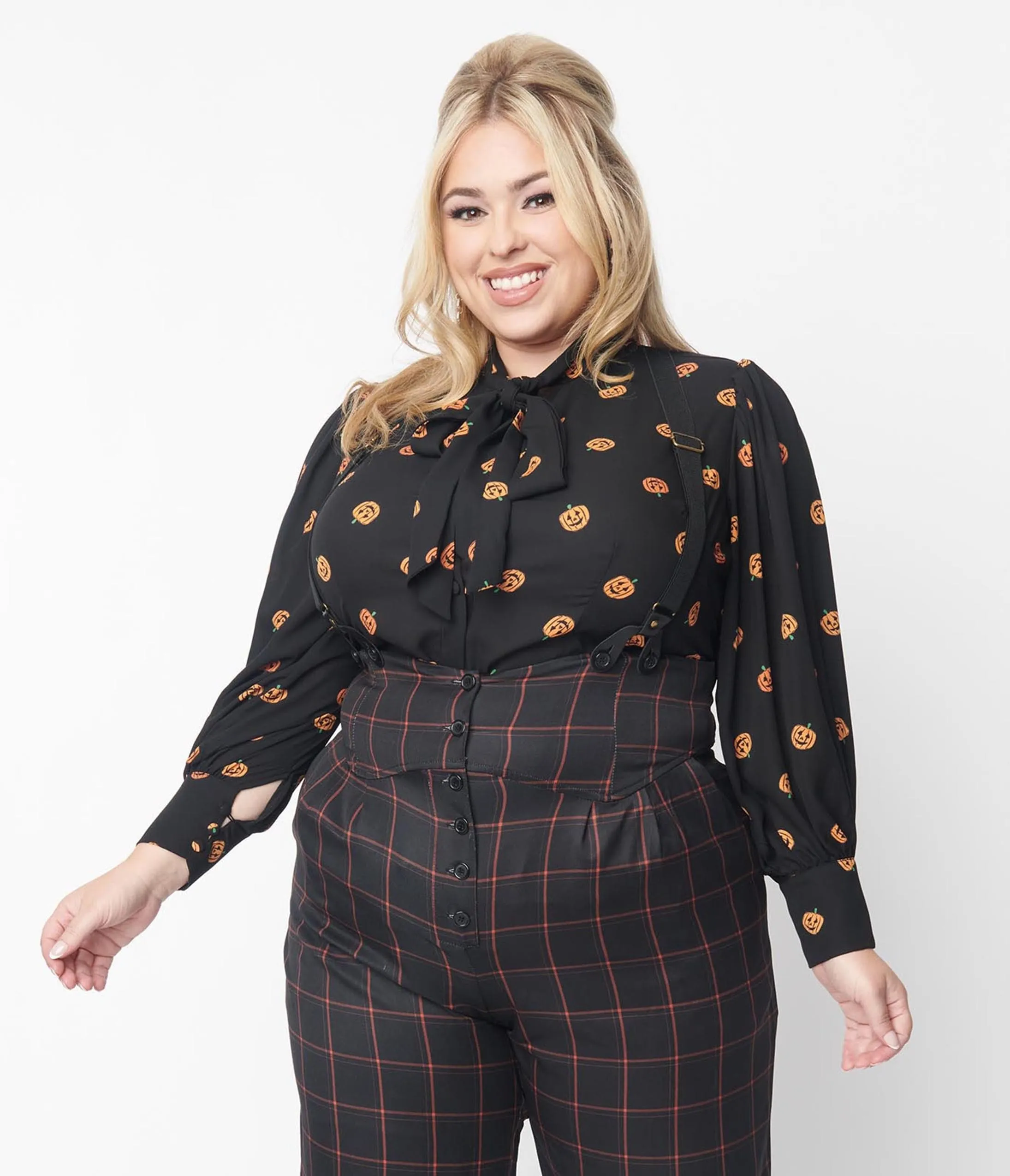 Unique Vintage Plus Size 1950s Black & Pumpkin Print Gwen Blouse sold by Unique Vintage product image thumbnail 3