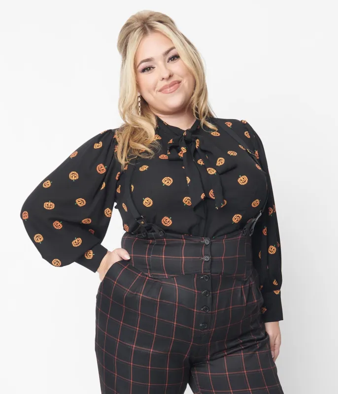 Unique Vintage Plus Size 1950s Black & Pumpkin Print Gwen Blouse sold by Unique Vintage